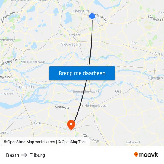 Baarn to Tilburg map