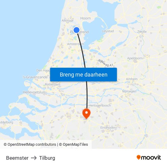 Beemster to Tilburg map