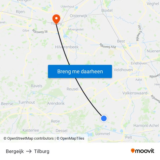 Bergeijk to Tilburg map