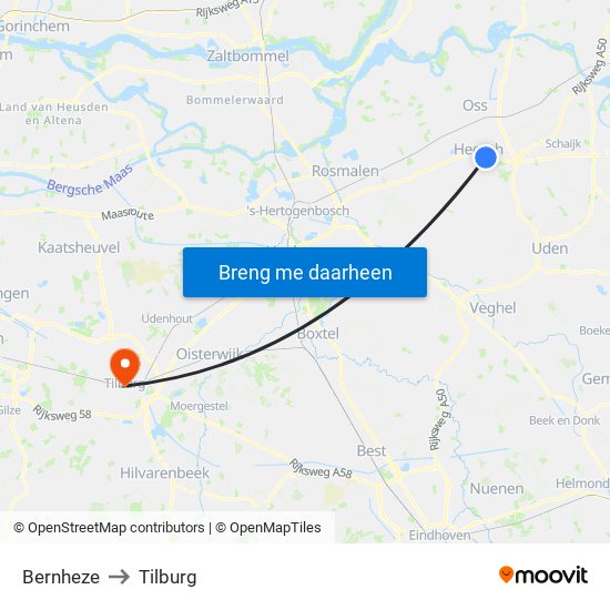 Bernheze to Tilburg map