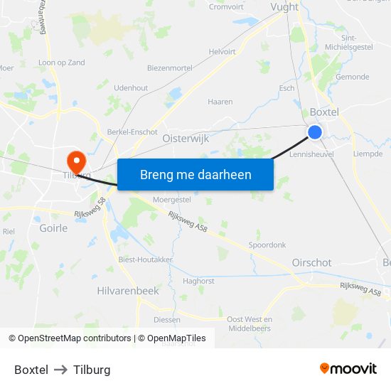 Boxtel to Tilburg map