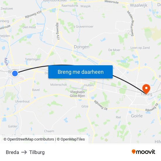 Breda to Tilburg map