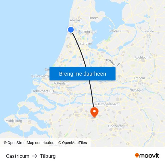Castricum to Tilburg map