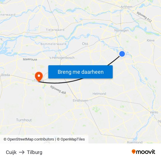 Cuijk to Tilburg map