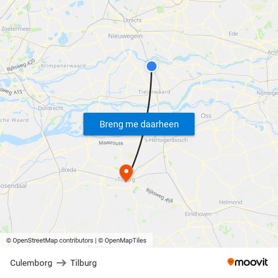 Culemborg to Tilburg map