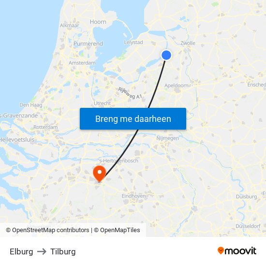 Elburg to Tilburg map