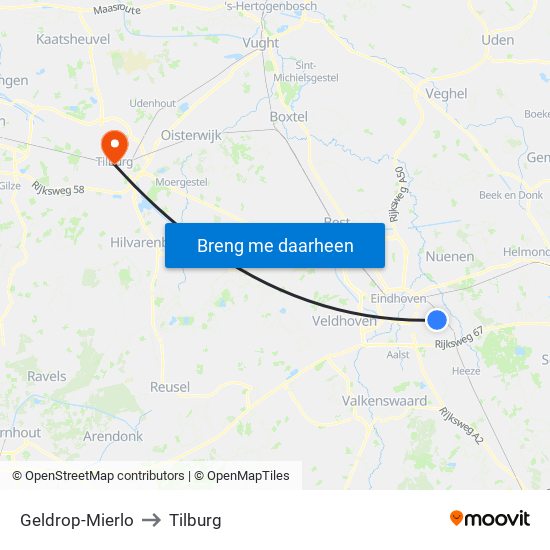 Geldrop-Mierlo to Tilburg map