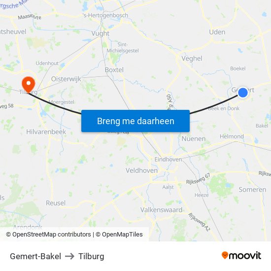Gemert-Bakel to Tilburg map