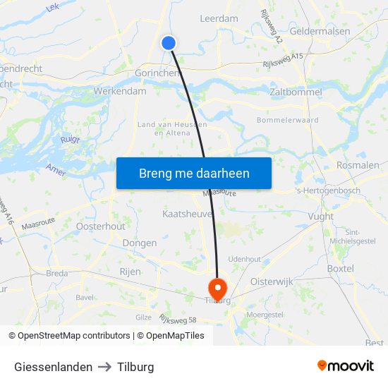 Giessenlanden to Tilburg map