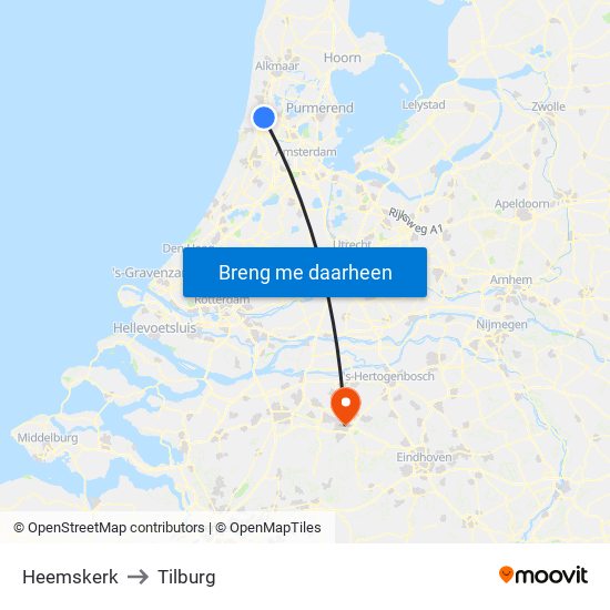 Heemskerk to Tilburg map