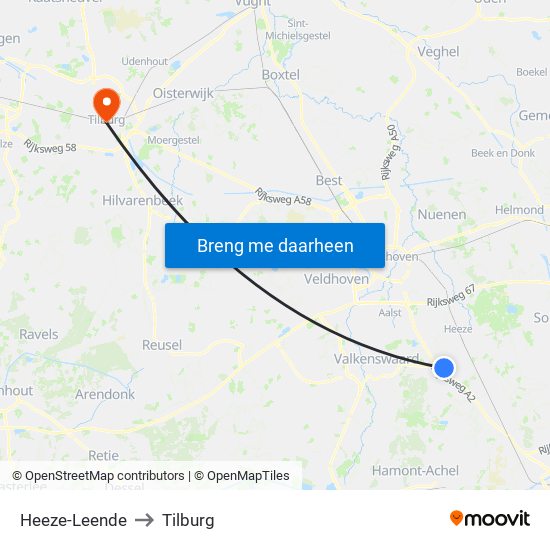 Heeze-Leende to Tilburg map