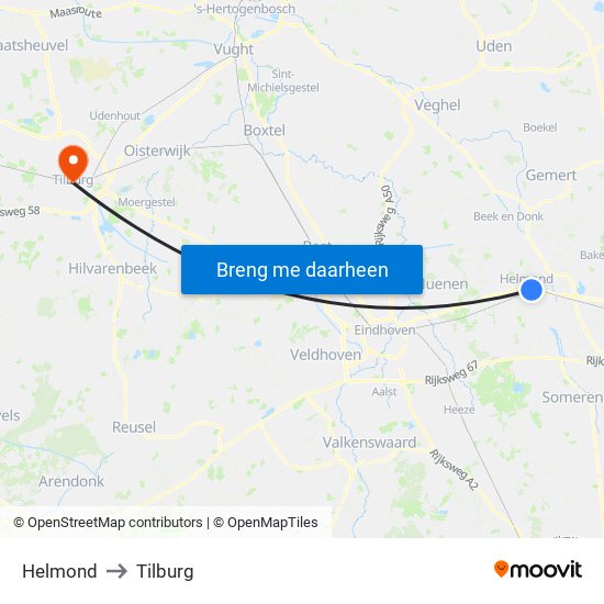 Helmond to Tilburg map