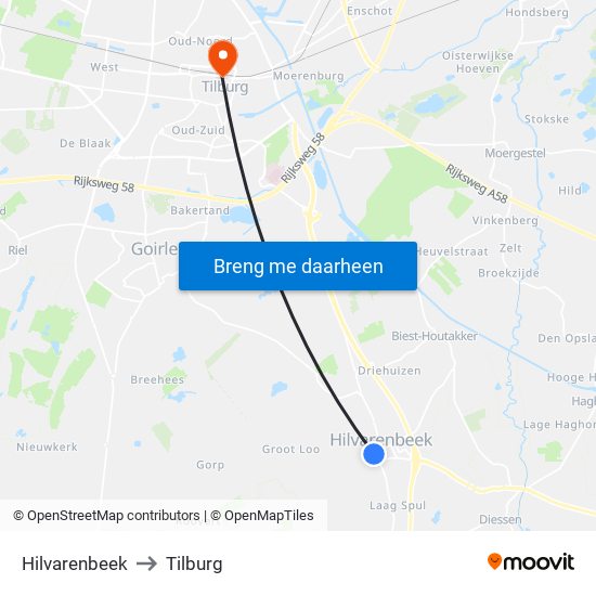 Hilvarenbeek to Tilburg map