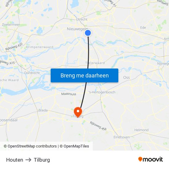 Houten to Tilburg map