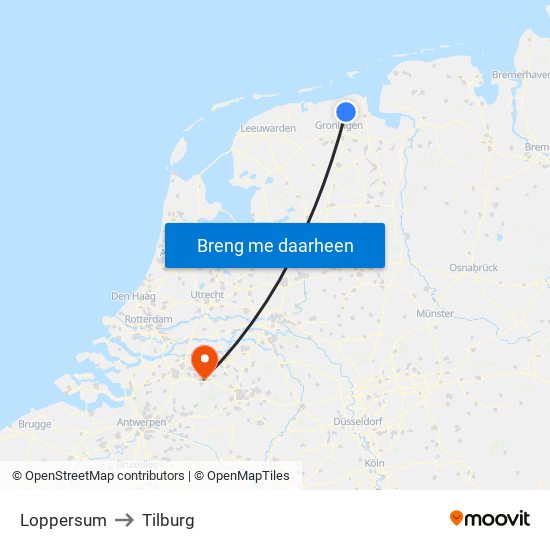 Loppersum to Tilburg map