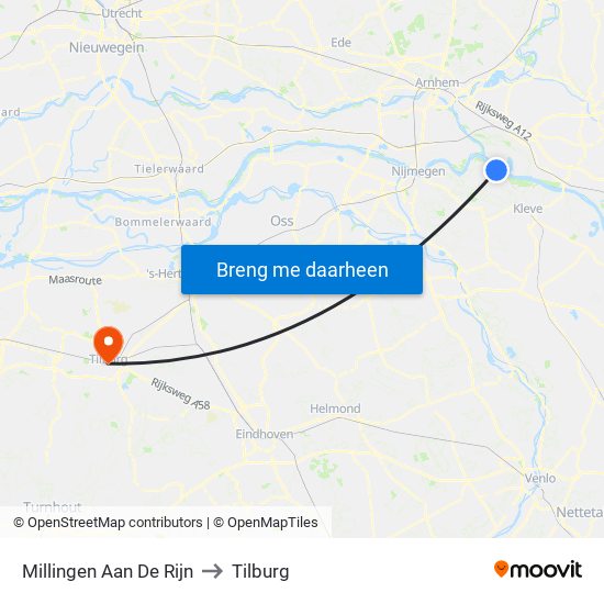 Millingen Aan De Rijn to Tilburg map