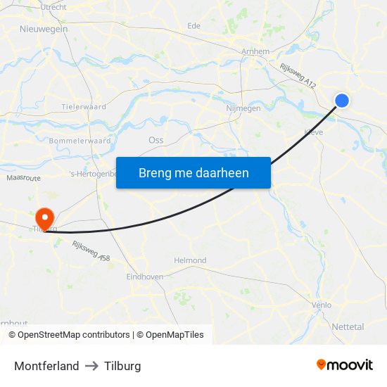 Montferland to Tilburg map