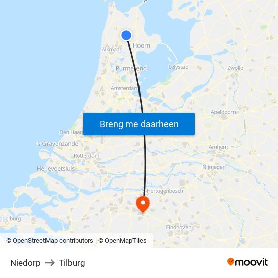 Niedorp to Tilburg map