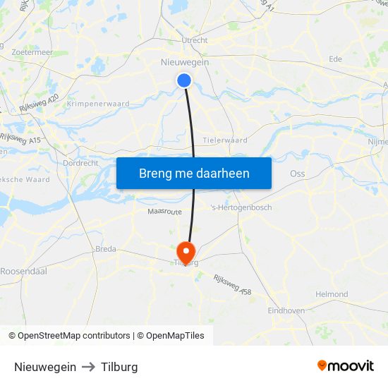 Nieuwegein to Tilburg map