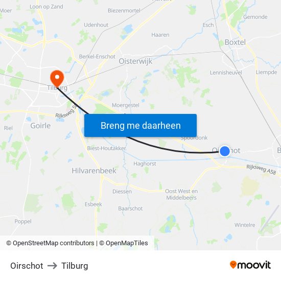 Oirschot to Tilburg map