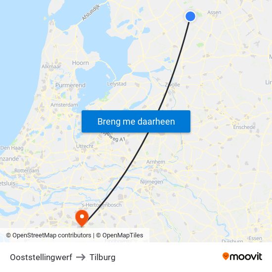 Ooststellingwerf to Tilburg map