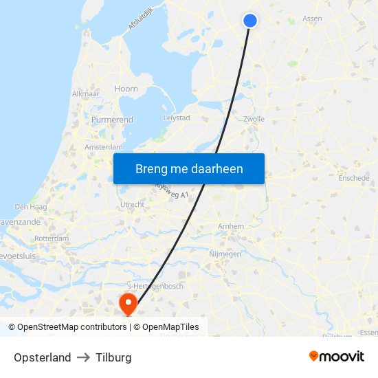 Opsterland to Tilburg map
