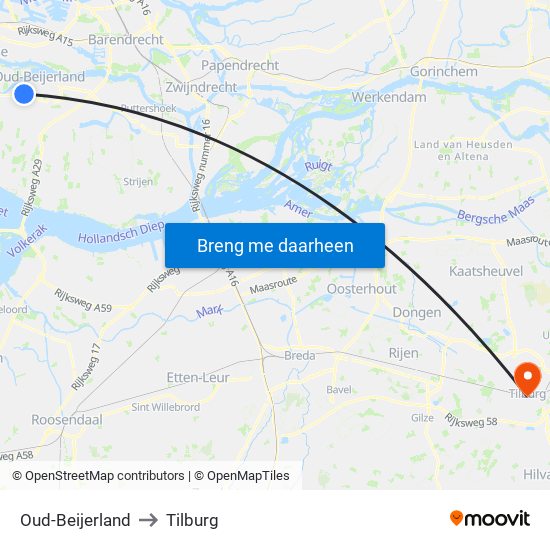 Oud-Beijerland to Tilburg map