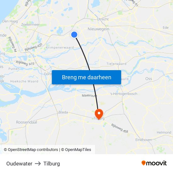Oudewater to Tilburg map