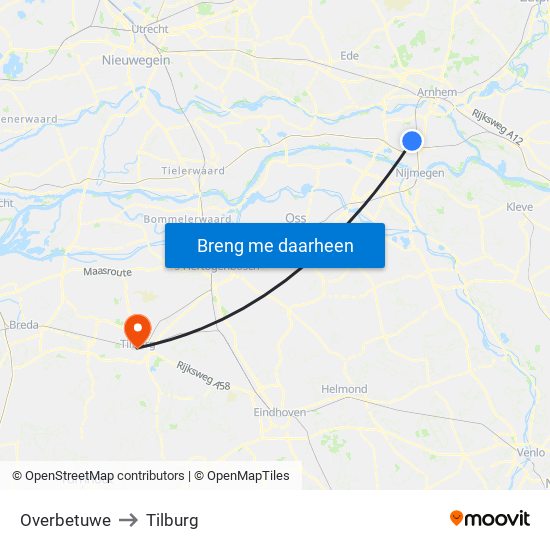 Overbetuwe to Tilburg map