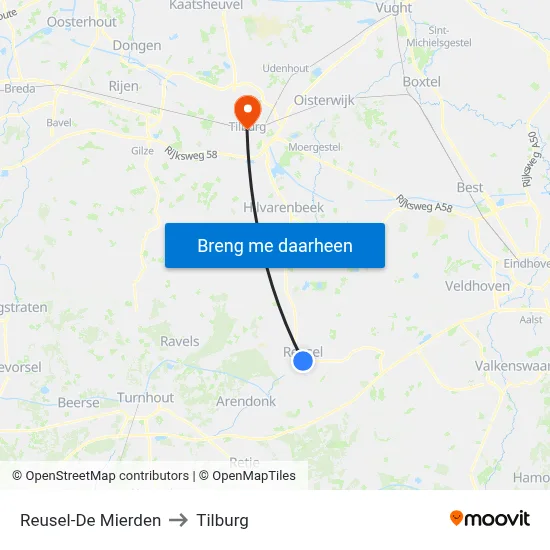 Reusel-De Mierden to Tilburg map