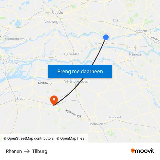 Rhenen to Tilburg map
