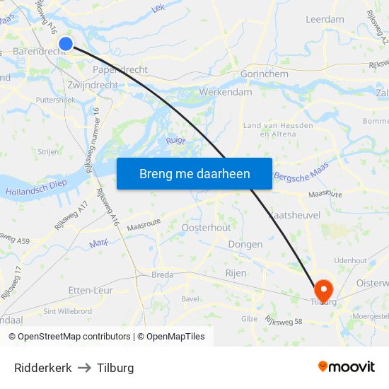 Ridderkerk to Tilburg map