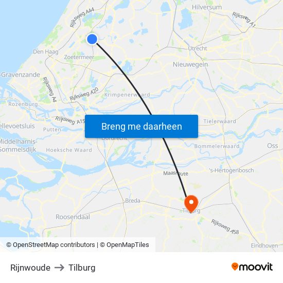 Rijnwoude to Tilburg map