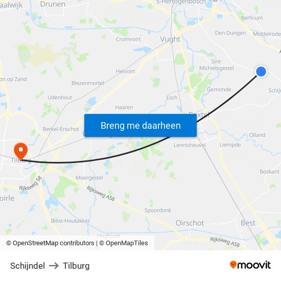 Schijndel to Tilburg map