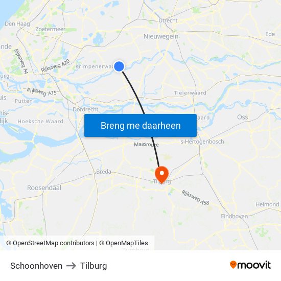 Schoonhoven to Tilburg map