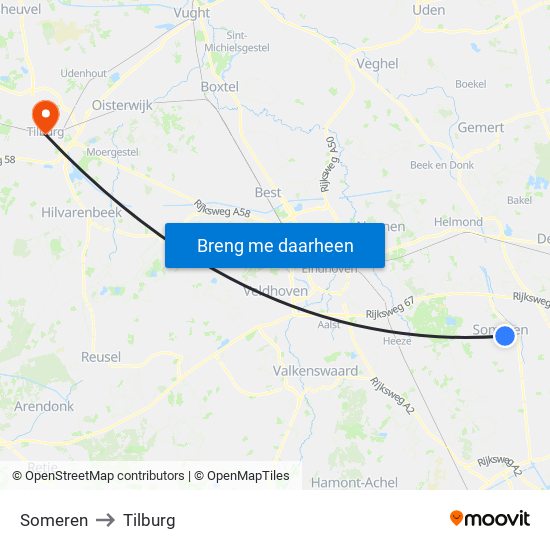 Someren to Tilburg map