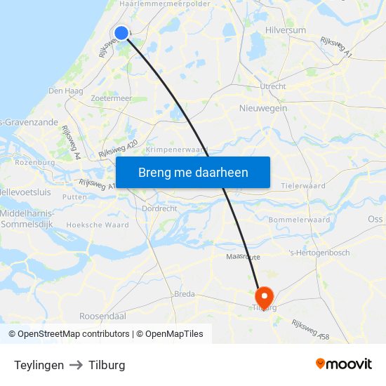 Teylingen to Tilburg map