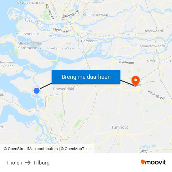 Tholen to Tilburg map