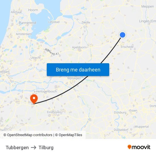 Tubbergen to Tilburg map