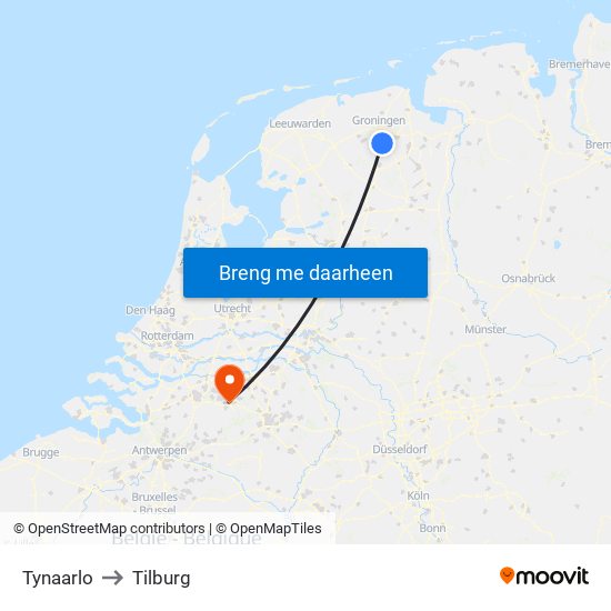 Tynaarlo to Tilburg map