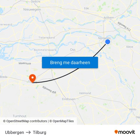 Ubbergen to Tilburg map
