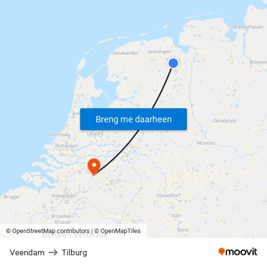 Veendam to Tilburg map