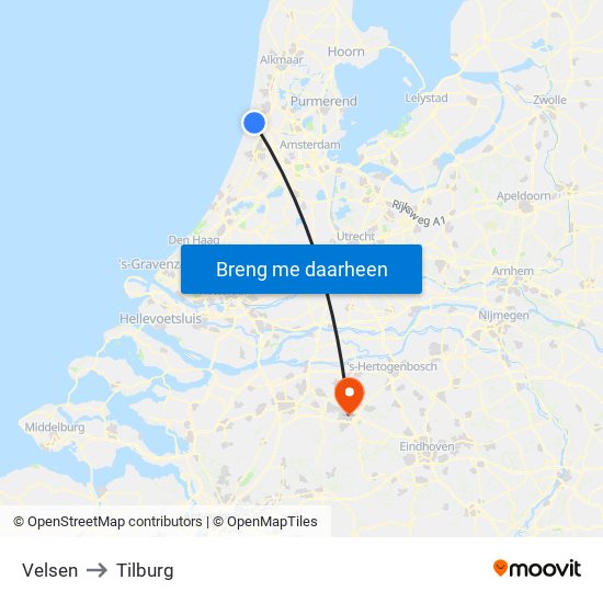 Velsen to Tilburg map