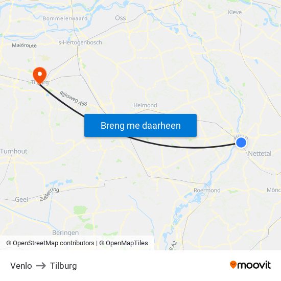 Venlo to Tilburg map