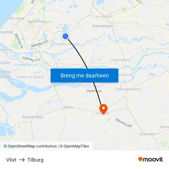Vlist to Tilburg map