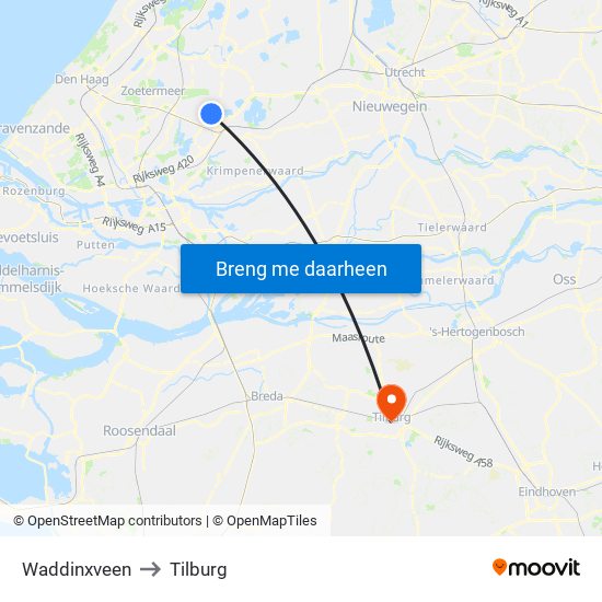 Waddinxveen to Tilburg map