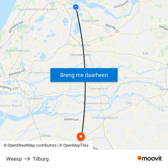 Weesp to Tilburg map