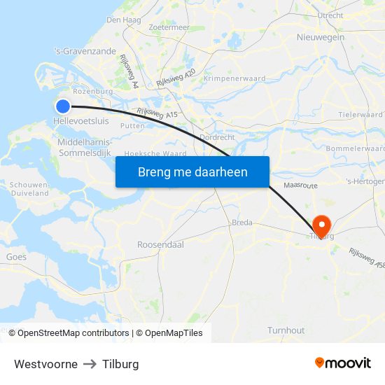 Westvoorne to Tilburg map