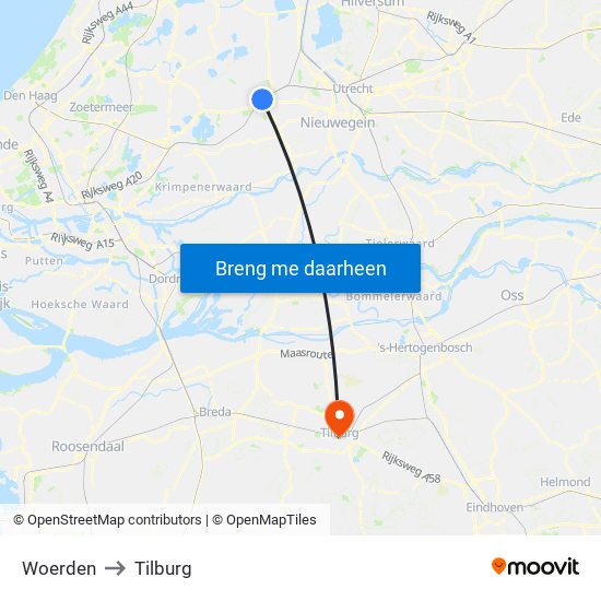 Woerden to Tilburg map