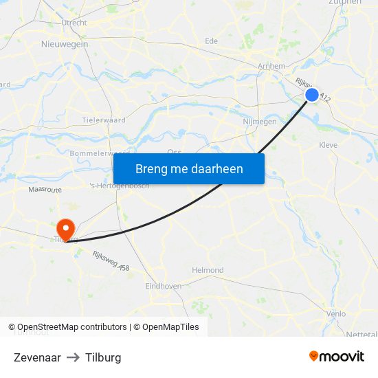 Zevenaar to Tilburg map